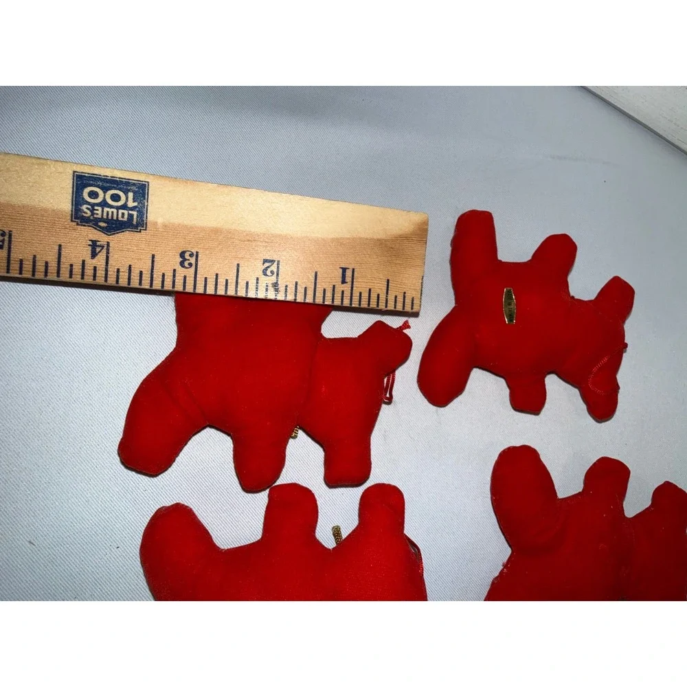 Vintage Red Flocked Bear and Mouse Christmas‎ Ornaments Set of 9 Gold Bows
